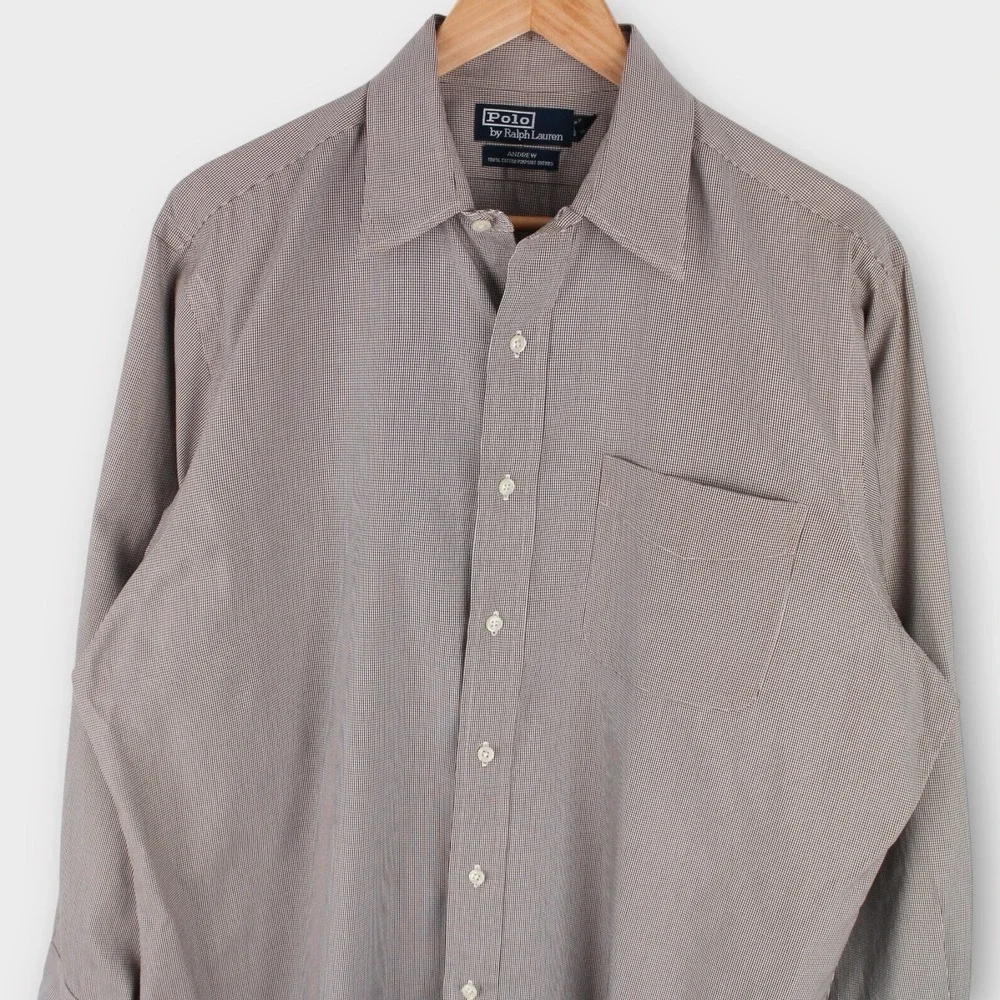 Polo Ralph Lauren Andrew Dress‎ Shirt Men's 16.5 32/33 Brown Micro Check Oxford